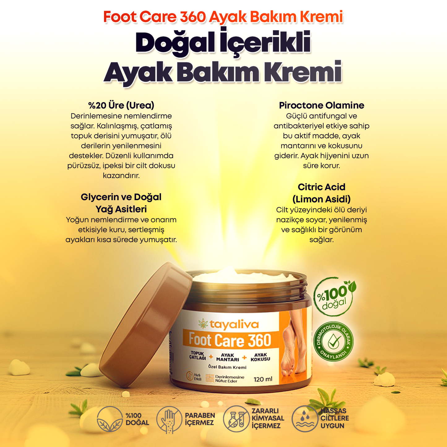 Foot Care 360 - Çatlaklar,Kötü Koku,Mantar ve Siğillere Karşı Özel Bakım Kremi 120ml