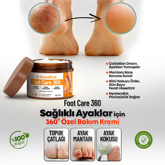 Foot Care 360 - Çatlaklar,Kötü Koku,Mantar ve Siğillere Karşı Özel Bakım Kremi 120ml