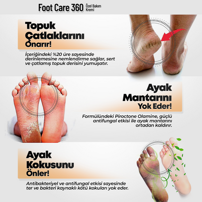 Foot Care 360 - Çatlaklar,Kötü Koku,Mantar ve Siğillere Karşı Özel Bakım Kremi 120ml