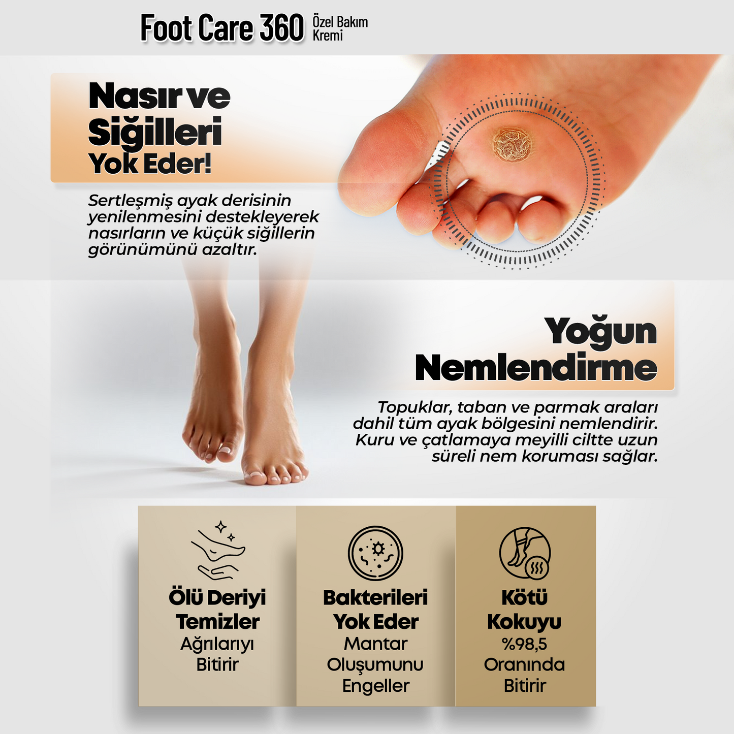 Foot Care 360 - Çatlaklar,Kötü Koku,Mantar ve Siğillere Karşı Özel Bakım Kremi 120ml