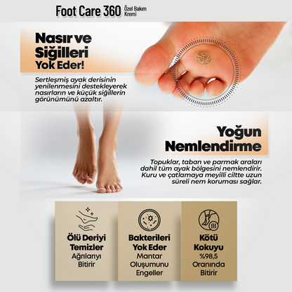 Foot Care 360 - Çatlaklar,Kötü Koku,Mantar ve Siğillere Karşı Özel Bakım Kremi 120ml
