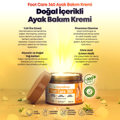Foot Care 360 - Çatlaklar,Kötü Koku,Mantar ve Siğillere Karşı Özel Bakım Kremi 120ml